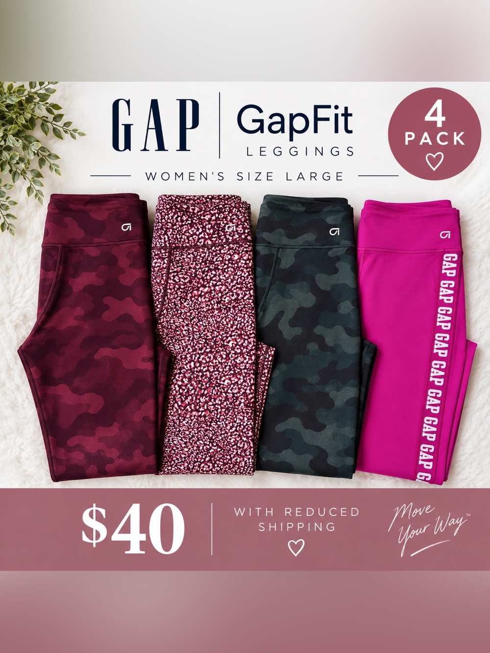 GAP Women’s 4-Pack GapFit Leggings - Burgundy, Pink, Dark Green, Magenta